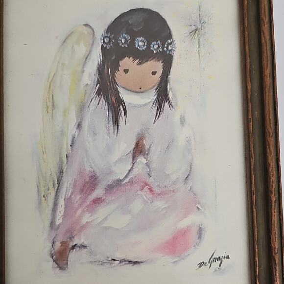 DeGrazia Vintage Signed Reproduction Serene Angel Painting with Brown Wood Frame - Picture 4 of 4